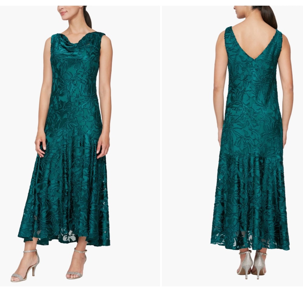 Alex Evenings Silky Burnout Cowl Neck Size 14 Dress in Emerald Green